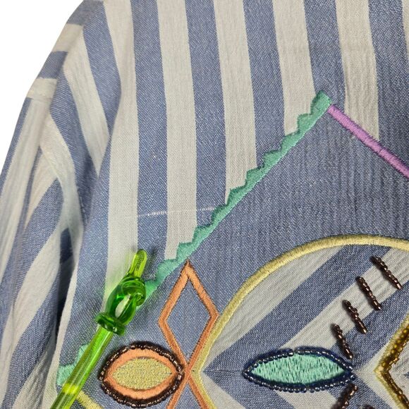 Vtg IB Diffusion Jacket L Striped Color Block Embroidered Fish Beaded Zip Blue - Picture 3 of 5